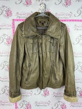 Danier leather coat Olive Leather Jacket with Shearling-Trim Cuffs